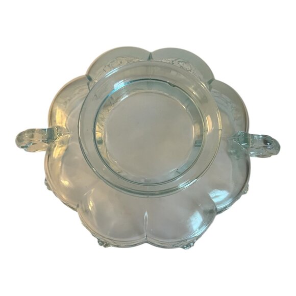 Vtg  Jeannette Aztec Blue Glass Rose Handled Candy Dish Scalloped Pedestal 6.5" - Picture 6 of 6